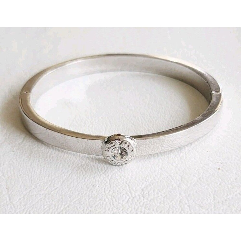 Coach Signature Logo Open Circle Hinged Bangle Silver Tone 6.75"